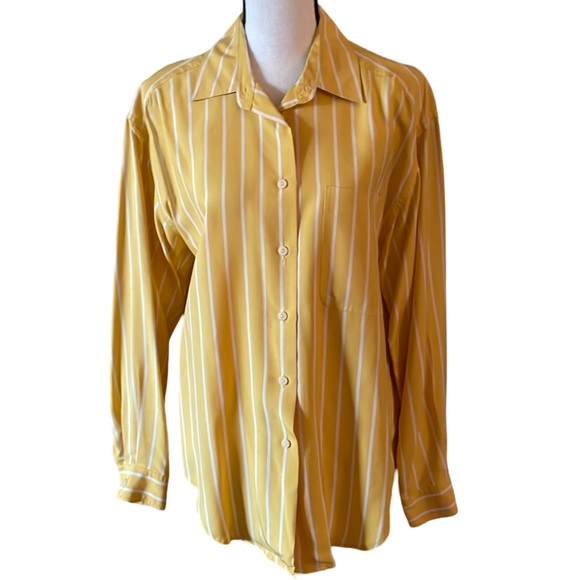 Robbie Bee Silk Yellow & White Striped Button Down Shirt Size Small - Picture 2 of 8